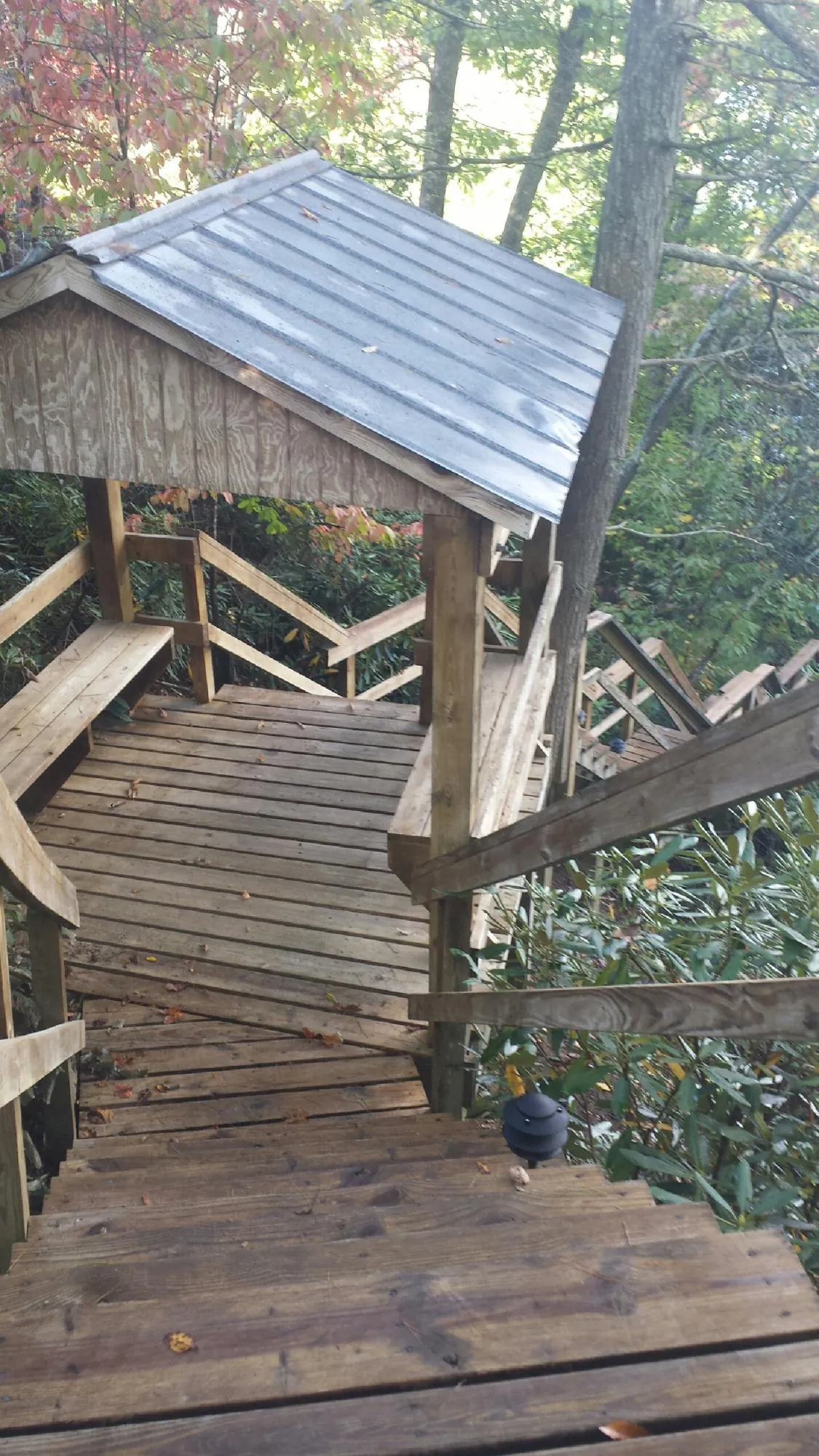 Metal roofed shelter over wooden steps on a wooded walkway — Skylight Repair & Installation work by our crew in Cheney